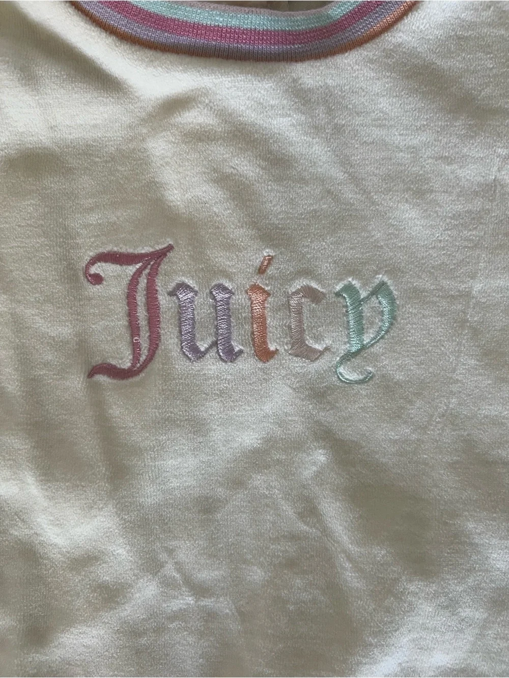 Juicy Couture Kids Velour Romper 12M Ivory Pastel Stripe Embroidered Logo